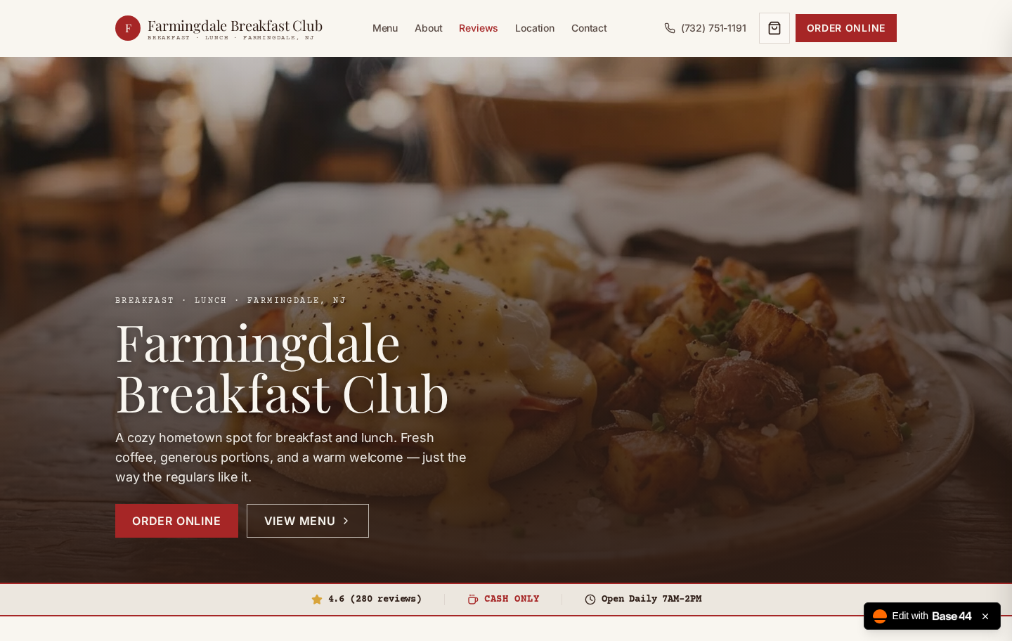 Farmingdale Breakfast Club website homepage in a phone mockup